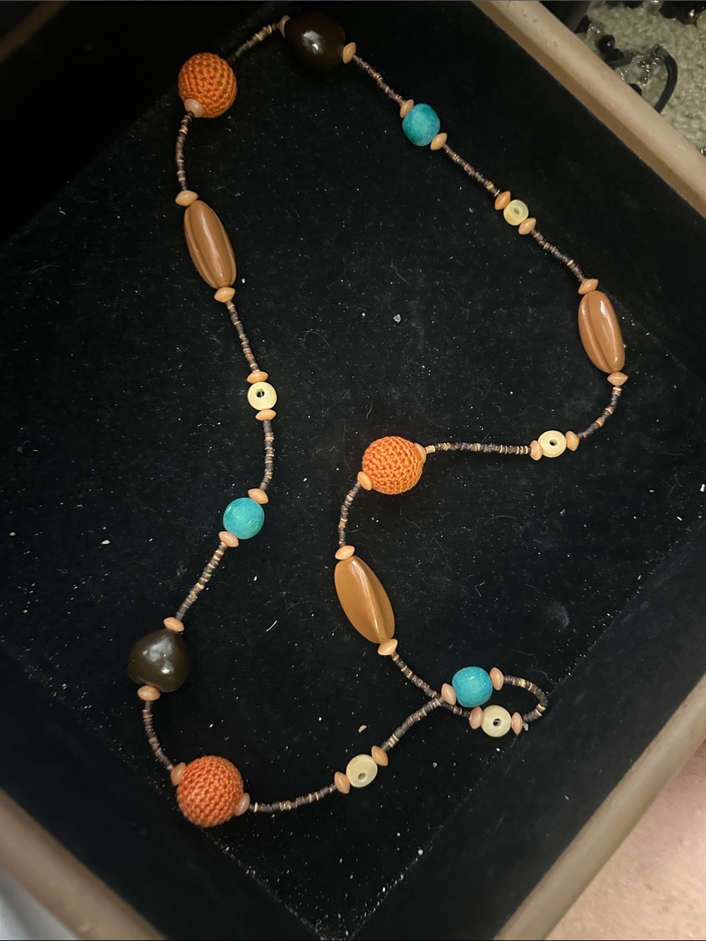 Handmade Beaded Long Necklace in Orange, Turquoise and Brown